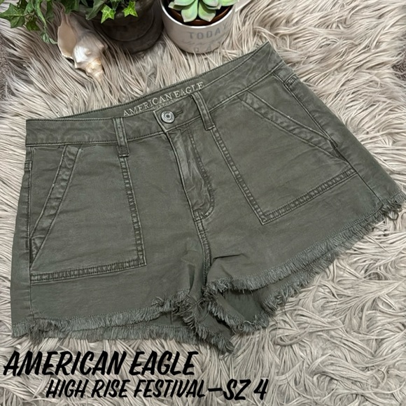 AE Hi Rise Festival-Stretch-Sz 4-Olive Green-Raw Hem - Picture 1 of 11